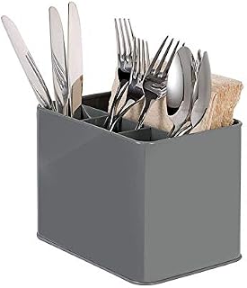 Cutlery Utensil Holder Caddy, Compact Flatware Silverware Organizer Drainer, Grey Galvanized Tableware Holder for Forks Knives and Spoons