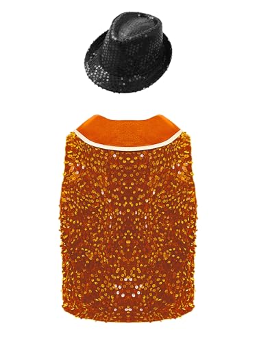 Unisex Kids Competition Sequined Velvet Waistcoat with Irregular Hem Buttons Bowti Hat Set Dance Party Wear2