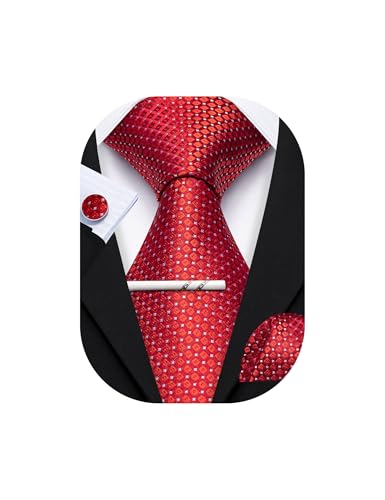 YOHOWA Red White Tie for Men with Tie Clip Plaid Silk Necktie Pocket Square Cufflinks Set Formal Business Festival Party