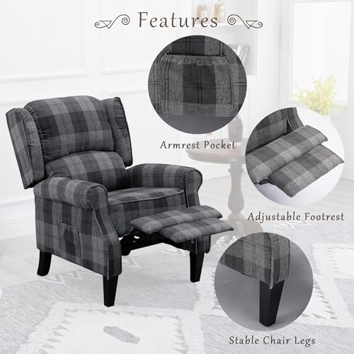 Pushback Recliner Chair,Upholstered Wingback Traditional Push Back Recliner Single Sofa,Mid Century Modern Lounge Armchair for Living Room,Home Theater Accent Chairs Recliners Couches (Grey Check) - Thumbnail 4