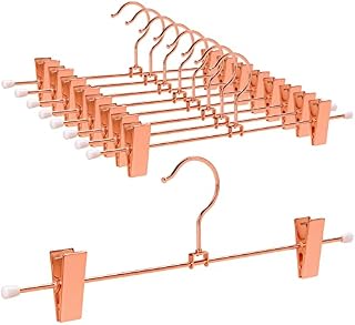 Amber Home 30cm Shiny Copper Metal Trousers Hangers 10pcs, Fashion Rose Gold Metal Skirt Hanger for Slacks Pants Jeans Bottoms with Non-slip Adjustable Clips and Swivel Hook