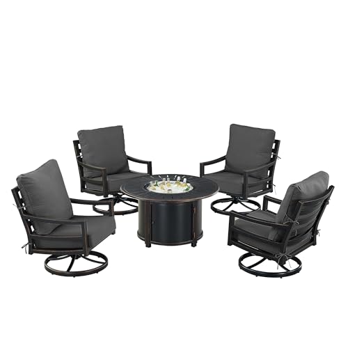 Oakland Living Black Aluminum Patio Fire Table Set with Four Club Chairs with Black Cushions
