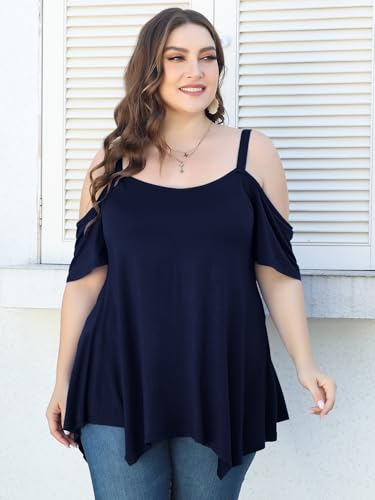 Image of LARACE Cold Shoulder Tops for Womens Summer Clothes Spaghetti Strape Tunic Oversized Shirts Asymmetrical Plus Size Blouse