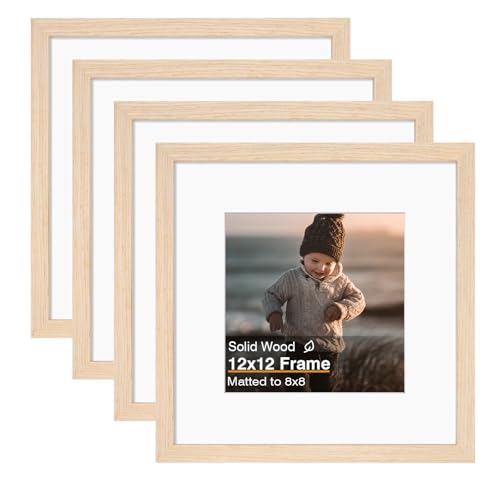 KINLINK 12x12 Picture Frames 4 Pack White Oak Solid Wood Square Frames