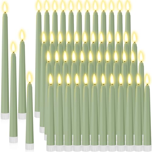Image of Rossesay 48 Pcs Flameless LED Taper Candles Battery Operated Candles 4 Sizes of 8.5'', 9.65'', 10.83'', 12.8'' Flameless Candlesticks Flickering for Halloween Christmas Church Wedding(Sage Green)