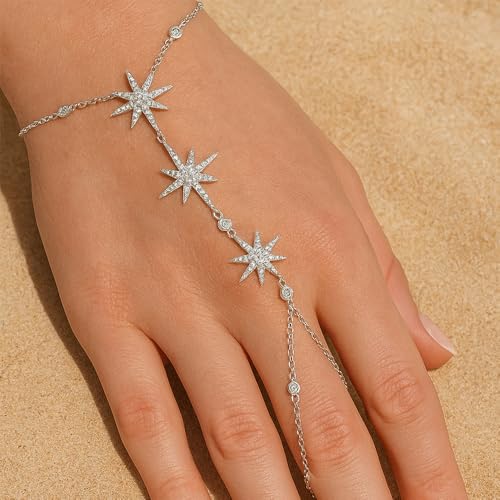 Silver Hand Chain Bracelet Jewelry For Women Dainty Adjustable Rhinestone Star Bracelet Ring Hand Chain Non Tarnish Charm Bracelets Trendy Celestial Jewelry Accessories Gift3
