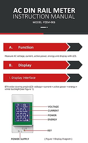 Image of HiLetgo AC Digital Multimeter 50-300V 100A PZEM-008 LCD Display Digital Current Voltage Active Power Energy Multimeter Ammeter Voltmeter AC Din Rail Meter