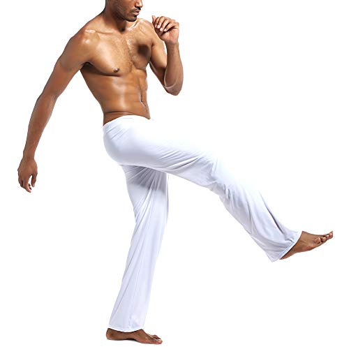Silk Yoga Pants For Men, Men's Long Ice Silk Harem Yoga Pilates Pants Lounge Trousers Sleepwear Bottoms With Elastic Drawstring (White, L) #TOP3