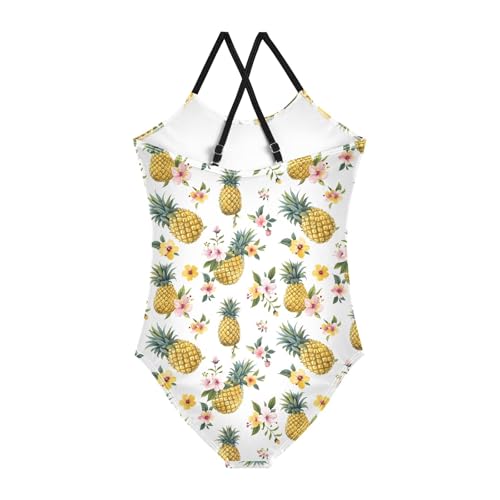 senya Girls Swimsuits One-Piece Swimwear Tie Bathing Suit Beach Summer Round Neck 9-10T White Pineapples and Flowers2