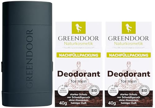 GREENDOOR Deodorant Refill System Starter Pack men, nachfüllbares Deo ohne Aluminium, sicherer starker Schutz, hochstabiles ABS in monolithischer stylisher Form, Case anthrazit + 2 Deo Refills men