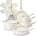 Chef Power Ceramic Cookware Sets, 15Pcs Pots and Pans Set Non Stick, Cookware Set with Stainless Steel Handle, Dishware & Oven Safe, Cream White and Light Gold Handle