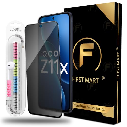 Image of FIRST MART Privacy Tempered Glass for iQOO Z11x With Cable Guard & Installation Kit | Anti-Spy 9H Screen Protector, Edge-to-Edge, Case-Friendly | Black