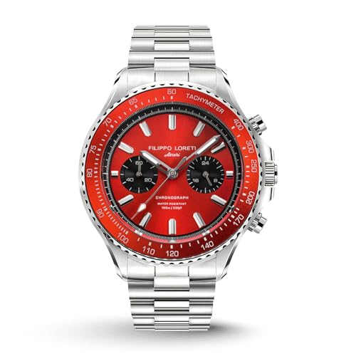FILIPPO LORETI | LAPMASTER - Men's Racing Watch, Watches for Men - Red Dial& Bezel, 42mm Stainless Steel Case & Bracelet, 100M Water Resistance - Chronograph, Gift