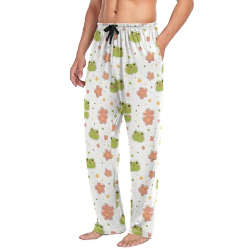Men’s Kawaii Frog Pattern Pajama Pants with Pockets, Comfortable Lounge Sleep Bottoms#5804