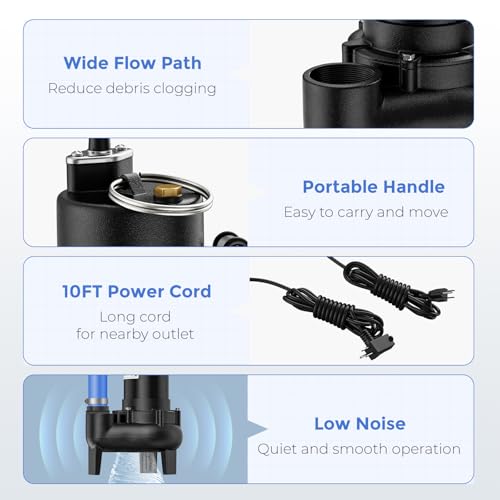 1/2 HP Sewage/Effluent Pump, 6000 GPH Submersible Basement Sewer Pump with Automatic Tethered Float Switch, Cast Iron Sewage Ejector Pump, 2" NPT Discharge
