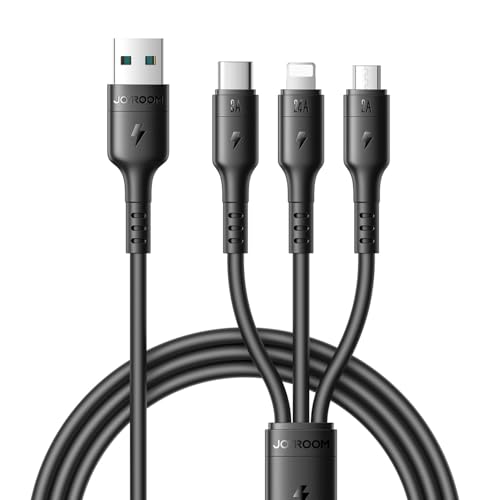 كابل شحن S‑A61 بتصميم 3 في 1 (USB نوع A إلى نوع -C ولايتنينج ومايكرو USB) من سلسلة اومني جو من جوي روم، بقوة 3.5 أمبير وطول 1.2 م، أسود