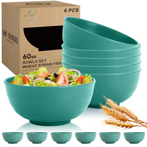 Image of 60 OZ Large Salad Bowls, Wheat Straw Camping Bowl Set of 6, Unbreakable Plastic Serving Bowls, Microwave & Dishwasher Safe Large Dinner Bowl for Kitchen & Outdoor, Green