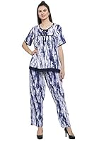 PATRORNA Women's Viscose Silk Blend Abstract Print Night Top and Pyjama Set (SPV3S06_Blue Print_7XL)