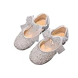Girls Dress Shoes Mary Jane Princess Shoes Soft and Leather Flats Bow Kid Shoes for Party Wedding Silver