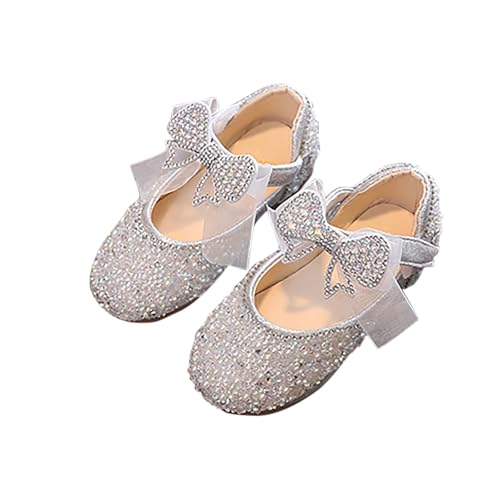 Girls Dress Shoes Mary Jane Princess Shoes Soft and Leather Flats Bow Kid Shoes for Party Wedding Silver