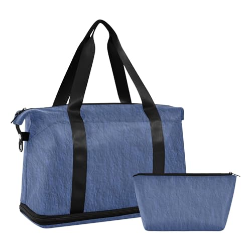 Navy Blue Linen Texture Travel Tote Gym Bag Overnight Carry On Tote and Luggage with Adjustable Strap for Travel Foldable