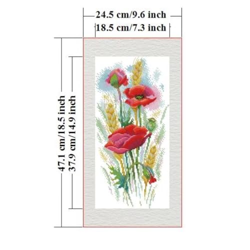 Image of Stamped Cross Stitch Kits for Beginners- Full Set of Poppy Charm Embroidery for Adults,11 CT 3 Strands DIY Patterns Counted Arts Craft 9.5x18.5 inch