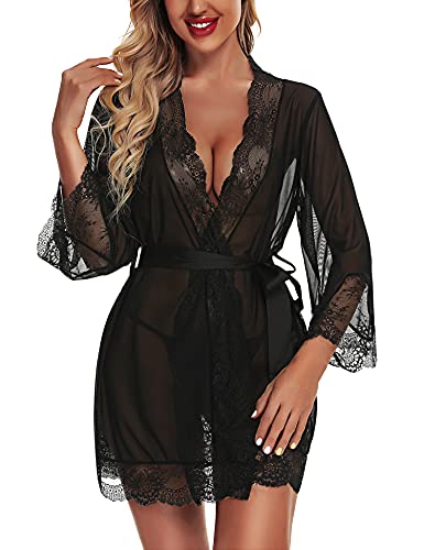 RSLOVE Women Lace Kimono Robe Babydoll Chemise Lingerie Bride Robe for Wedding Party Black M