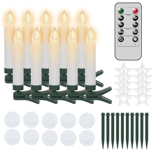 Image of Wondise Christmas Flameless Taper Candle Christmas Tree Candle Lights Battery Operated Candles with Remote & Timer, 10pcs Set Plastic Flickering LED Candles for Christmas Holiday Home Garden Decor