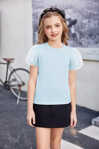 Image of Arshiner Girls Shirts Mesh Puff Short Sleeves Blouse Crewneck Cute Print Summer Kids Tee Tops