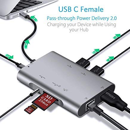 Ultimate 8-in-1 USB C Adapter Hub, Type C Thunderbolt 3 to 4K UHD HDMI with 2 USB 3.0, Micro SD/TF Card Reader,3.5 mm Stereo Audio/Mic,60W Power Delivery 1000M Ethernet Port for MacBook Pro Grey