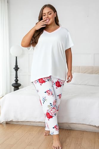 Image of Vozanet Women's Pajama Sets Short Sleeve with Long Pant Soft Sleepwear Printed pj Loungewear With TWO Pockets Size 1X to 5X