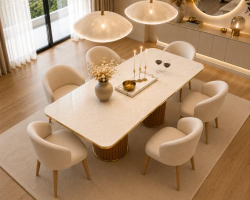 Image of 6 Seater Dining Table and Chair with Nano Composite Marble Top and Golden Strip Set | 72 x 36 x 30 Inch Solid Wood Base with Swed Fabric Finish Dining Furniture for Living Room Home (Cream)