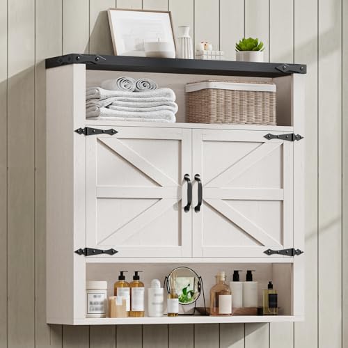 Image of Bathroom Wall Cabinet, Farmhouse Medicine Cabinet with Adjustable Shelves and 2 Barn Doors, Wall Mounted Over the Toilet Storage Cabinet for Bathroom, Laundry Room, Kitchen, Rustic White and Black