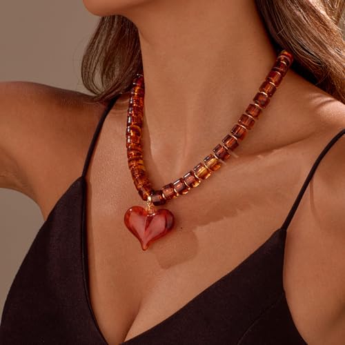 YUJIE Chunky Heart Penadnt Necklace for Women- Exaggerated Statement Puff Heart Necklace with Acrylic Beaded Chain4