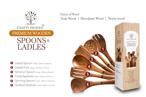 Image of Wooden Spatualas & Ladles Set of 6 | Sheesham Wood Utensils for Cooking | Non-Stick Cookware Safe | Wooden Spoon Set | Handmade Kitchen Tools | Heat Resistant | Made in India