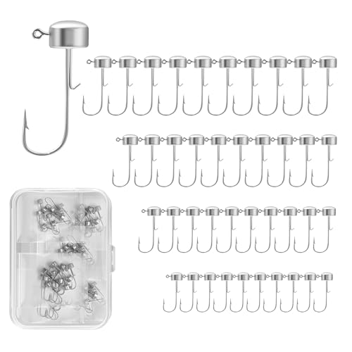 40pcs Ned Rig Jig Heads Set with Hooks Box Mushroom Head Ned Rig Hooks for Bass Crappie Trout Finesse Bass Fishing Jig Head Hooks 1/12oz 1/8oz 3/16oz 1/4oz 10pcs Each Size