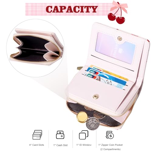 Sunwel Fashion Women Cute Print Wallets with Credit Card Slots ID Window & Zipper Coin Pouch (CHERRY BOW PINK)2