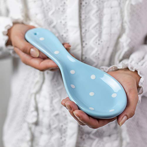 City to Cottage Spoon Rest for Stove Top, Large Ceramic Spoon Holder for Kitchen Counter, Cooking Utensil Rest for Countertop, Handcrafted Spoon Rest for Ladle, Spatula, Tong (Baby Blue Polka Dot)