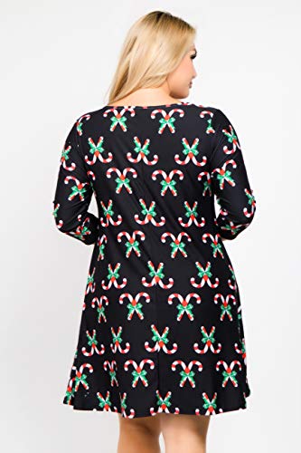 ICONOFLASH Christmas Dresses with Pockets for Women 3/4 Sleeves Swing Holiday Party Dress Up Color Candy Cane Pattern, Small