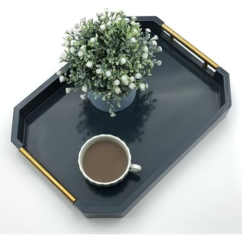 Serving Tray with Polished Metal Handles, Hexagon Coffee Table Tray, Modern Rectangle Decorative Tray, Large Ottoman Tray, Perfect for Storage and Display (Blue Rectangle) Cover