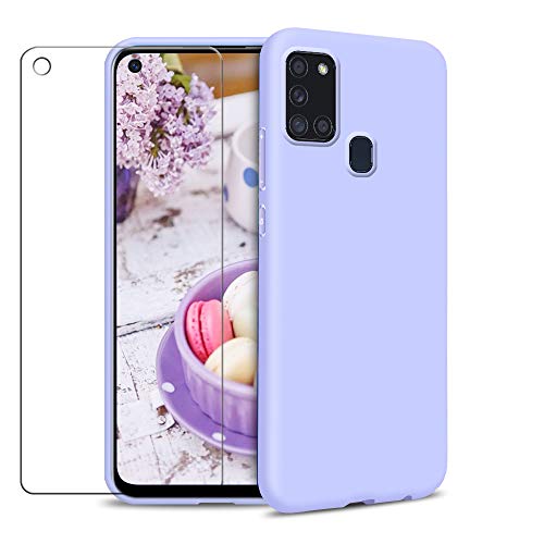 SAMCASE Funda Samsung Galaxy A21S + Protector de Pantalla de Vidrio Templado, Carcasa Ultra Fino Suave Flexible Silicona Protectora Caso Anti-rasguños Back Case - Morado Claro