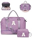 Vogewood Gift for Women-Initial Teenage Girl Duffle Bag with Shoe Compartment, Personalized Weekender Bag, Monogram Overnight Bag for Kids, Letter Travel Bag with Makeup Bag, Gift for Women (Letter A)