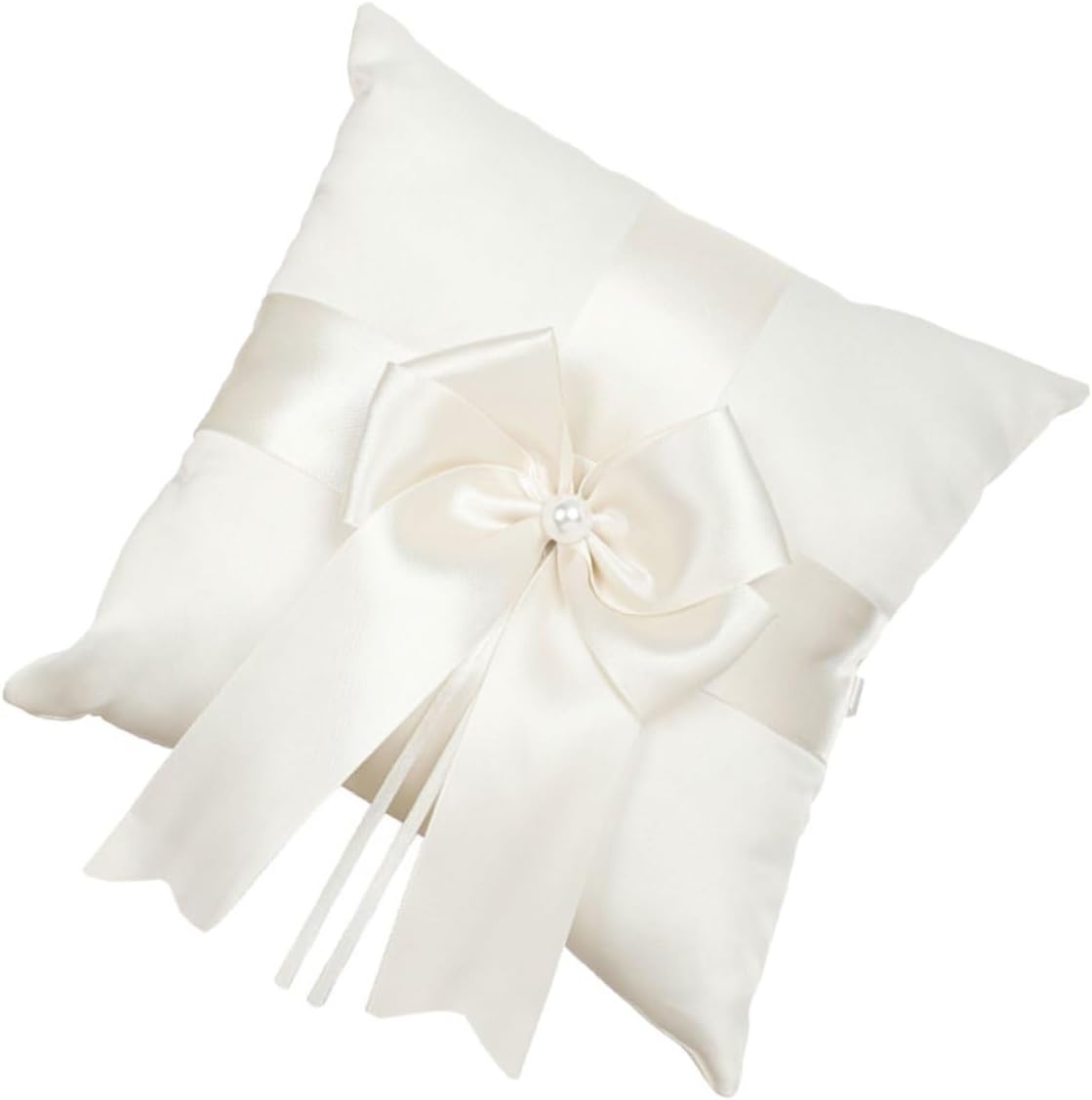 Toyvian Wedding Ring Pillow Bowknot Ring Bearer Pillow White Satin for Wedding Ceremony Engagement Party Decoration