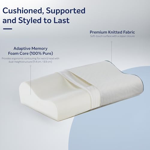 Image of Sleepwell ImpressFit Ortho Adaptive Memory Foam Pillow | White & Blue |100% Pure Memory Foam | Dual Height for Neck & Head Support | Medium Soft Bed Pillow | Back Sleepers | 24x16 inches | Pack of 1