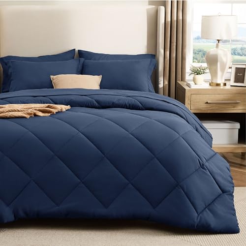 Image of Bedsure 7 Pieces Queen Comforter Set Premium Series, Hotel Luxury Soft Bed in a Bag, Goose Down Alternative, Safe for Sensitive Skin Bedding Comforter All Season Medium Warmth, Navy Blue Queen Size