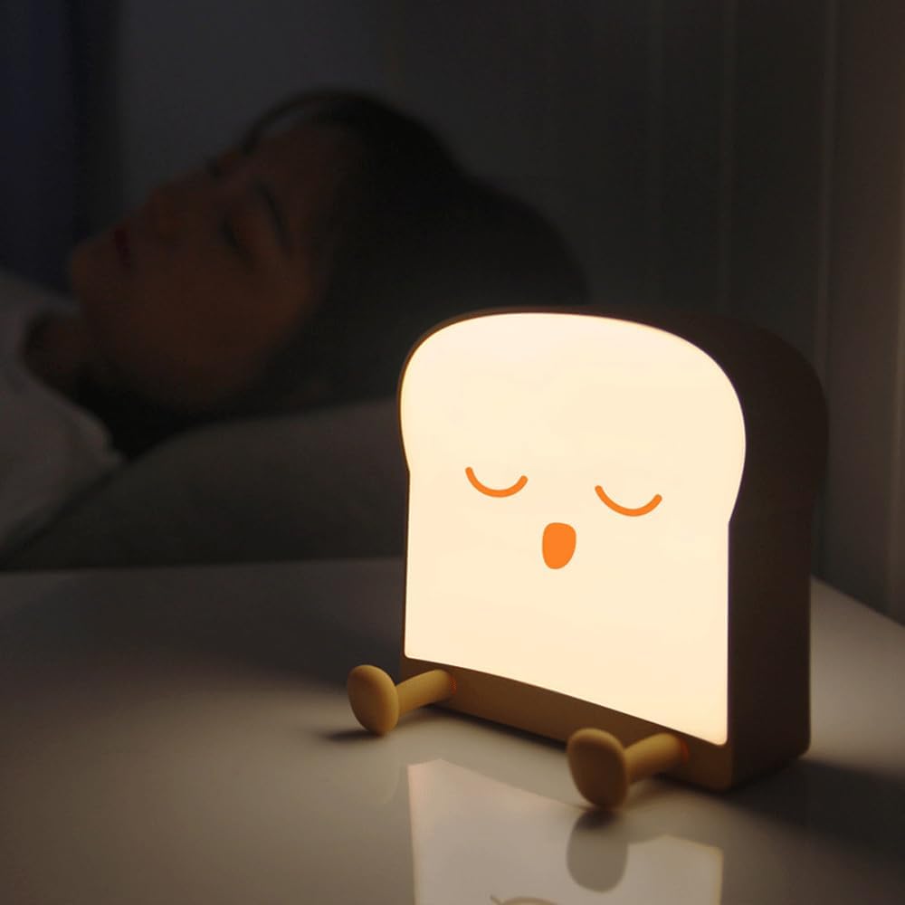 Creative Cartoon Cute Toast Bread Desk Lamp Funny Mobile Phone Holder Delay Off Desk Light Touch Key Ambience Bedroom Small Table Lamp Silicone Portable Anti Glare Lighting Fixture