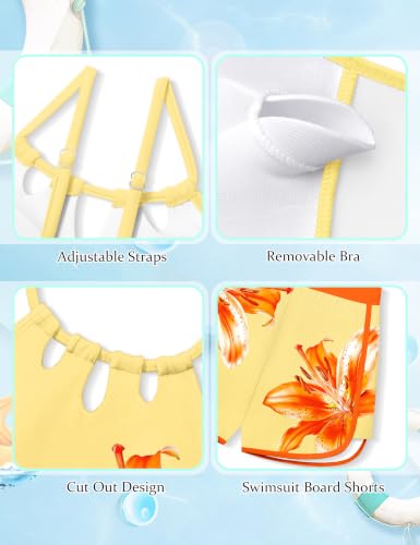 Image of KANGKANG Girls Swimsuit Quick Dry Cut Out One Piece Swimsuits with Tropical Print Cover Up Skirt Bathing Suit Swimwear 7-18Y