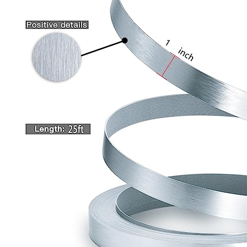 Image of Silver Edge Banding, Brushed Aluminum 1 inch x 25ft Non Glued Flexible Durable Real Wood PVC Veneer Edge Trim for DIY Table Cabinet Furniture Decorative Trim