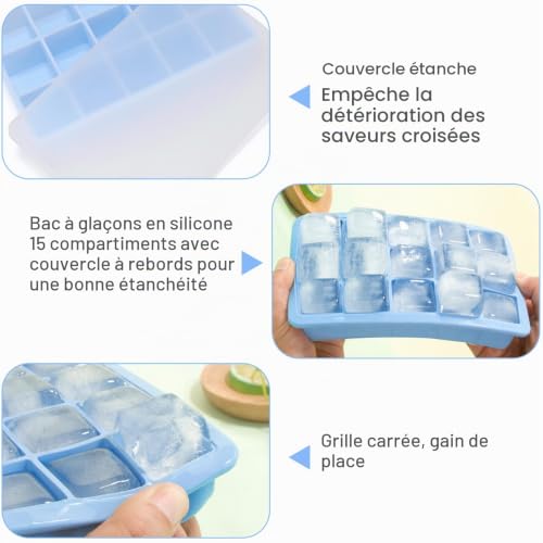 3 Pièces Bac à Glaçons en Silicone, Moule Glaçon Carré avec Couvercle – vue 3