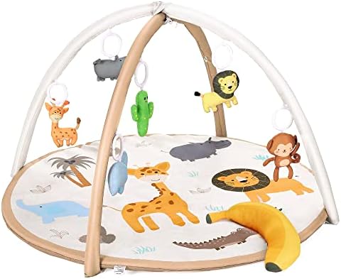 Agiyimi 7 in 1 Baby Play Mat, Tummy Time Mat with 6 Detachable Toys & Banana Pillow for Toddler Sensory and Motor Skill Development Discovery, Newborn Essential Gifts for 0-36 Months Baby Girl Boy